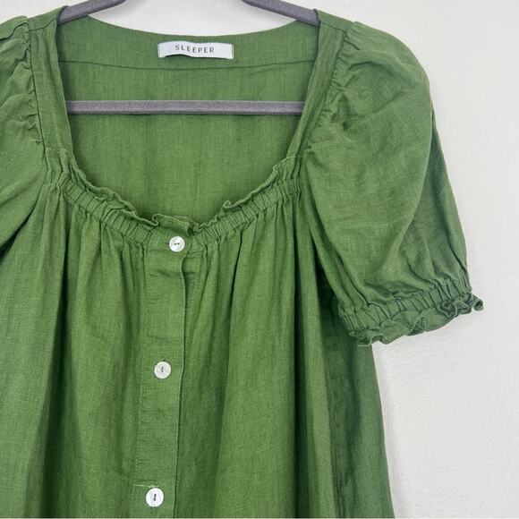 Sleeper | Brigitte 100% Linen Mini Dress Puff Sleeves Button Down Olive Green S - Picture 4 of 9